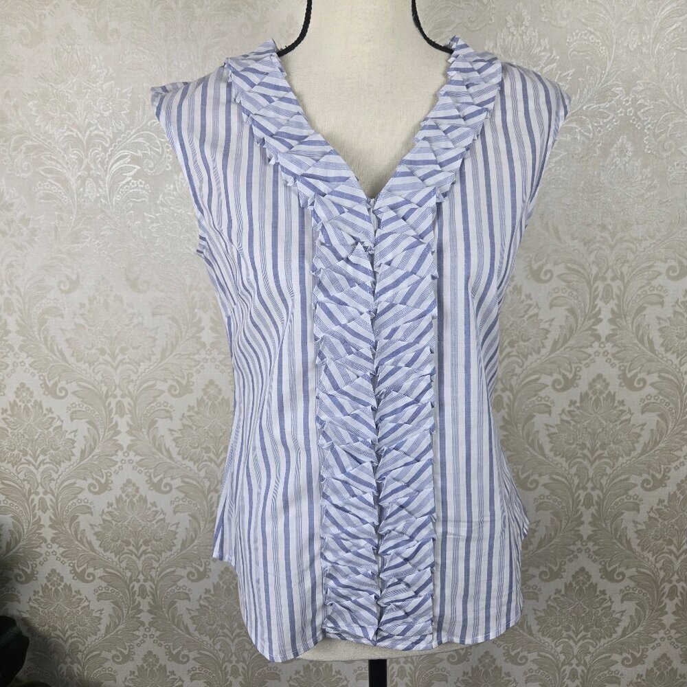 Talbots Petites Size 2P Blue White Vneck Blouse Ruffle Detail Sleeveless NWT